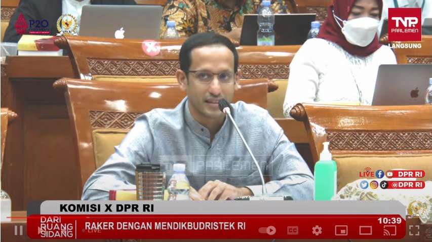 Mendikbudristek Nadiem Makarim dalam RDP Komisi X. YouTube Komisi X