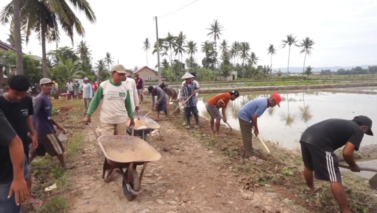 PERBAIKAN JALAN: Warga Pekon Pujodadi Kecamatan Pardasuka, Pringsewu secara bergotong royong memperbaiki jalan pertanian.Gotong royong tersebut dalam rangka menyukseskan Progam Padat Karya Tunai Dana Desa (PKTD) tahun 2022 yang digelar oleh Pekon setempat.n LAMPUNG POST/SURANTO.