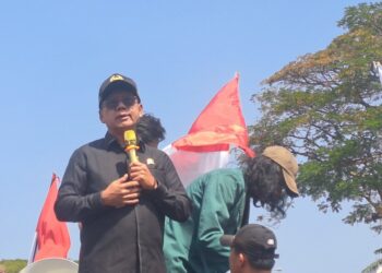 TEMUI MASSA. Ketua DPRD Provinsi Lampung, Mingrum Gumay menemui ribuan massa Aliansi Lampung Menggugat pada aksi demonstrasi, Jumat (23/8). Ketua DPRD Provinsi Lampung, Mingrum Gumay bersama Wakil Ketua DPRD Provinsi Lampung, Yosi Rizal menemui langsung mahasiswa. (Lampung Post/Andre Prasetyo Nugroho)