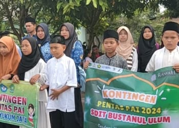 Suasana pembukaan lomba PAI diikuti ratusan peserta SD wilayah Kecamatan Terbanggi Besar di halaman SDN 3 Poncowati, Lampung Tengah. Lampost.co/Tedjo Waluyo