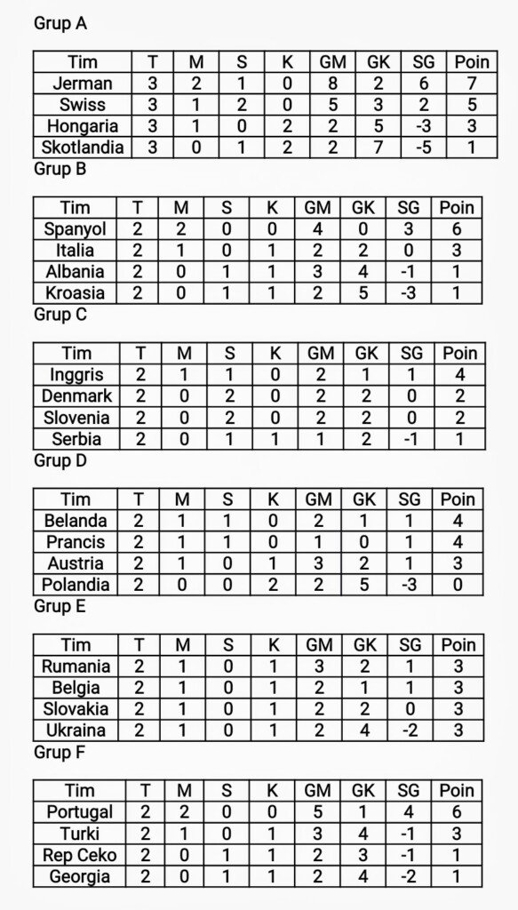 Klasemen akhir Euro (Piala Eropa) 2024.