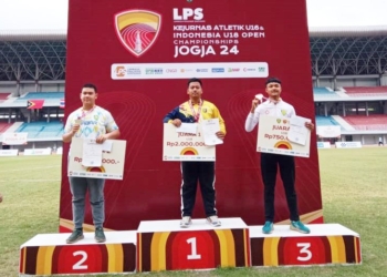 Atlet Lampung saat meraih medali di Kejurnas Atletik U16 dan Indonesia U18 Open Championships 2024, di Stadion Mandala Krida, Yogyakarta, pada 20-24 Juli 2024. Dok KONI Lampung