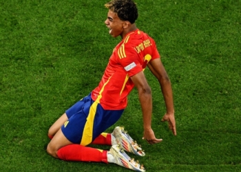 Selebrasi Lamine Yamal dalam laga Spanyol vs Prancis di semifinal Euro 2024, Rabu, 10 Juli 2024. Foto: Instagram Euro2024