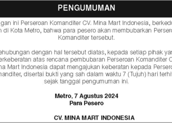 Pengumuman Perseroan Komanditer CV. Mina Mart Indonesia