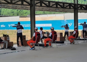 Tegar Nugraha dari cabang olahraga (cabor) menembak. Pertandingan berlangsung di Lapangan Tembak Rindam Im Mate Ie, Kabupaten Aceh Besar, Rabu, 11 September 2024.