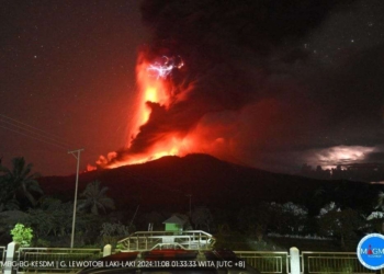 Lava pijar keluar dari kawah Gunung Lewotobi Laki-laki saat tampak dari Desa Lewolaga di Titehena, Kabupaten Flores Timur, Nusa Tenggara Timur, Jumat, 8 November 2024. Dok/PVMBG
