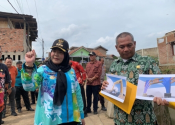 Walikota Bandar Lampung, Eva Dwiana saat meninjau jembatan di Jalan Ridwan Rais, Kalibalau Kencana, Kecamatan Kedamaian. Jumat, 10 Januari 2025.