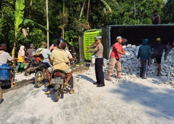Sebuah truk tronton bermuatan hebel (bata ringan) terguling di Jalan Lintas Barat (Jalinbar) tanjakan Sedayu, Kabupaten Tanggamus, Kamis, 1 Mei 2025.