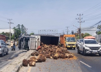 Truk bermuatan sawit terguling depan Dealer Suzuki Persada Lampung Raya, Jalan Raya Hajimena, Natar, Kamis, 5 Juni 2025.