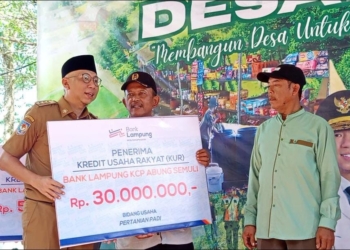 Penyerahan simbolis bantuan permodalan dari perbankan kepada petani di program "Desaku Maju" Desa Wonomerto.