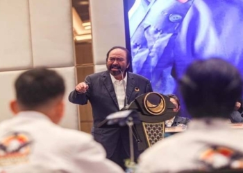 Ketua Umum Partai Nasdem, Surya Paloh saat memberikan pidato. (MI/Usman Iskandar)