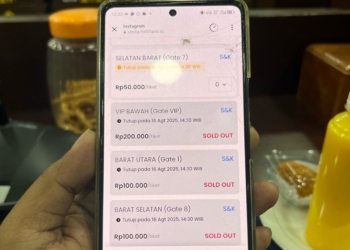 Pantauan Lampost.co, Selasa, 12 Agustus 2025 pada website pembelian tiket https://www.bhayangkarapresisilampungfc.com/. Untuk tiket VIP Bawah, Barat Utara dan Barat Selatan sudah sold out atau habis terjual. Dok Istimewa