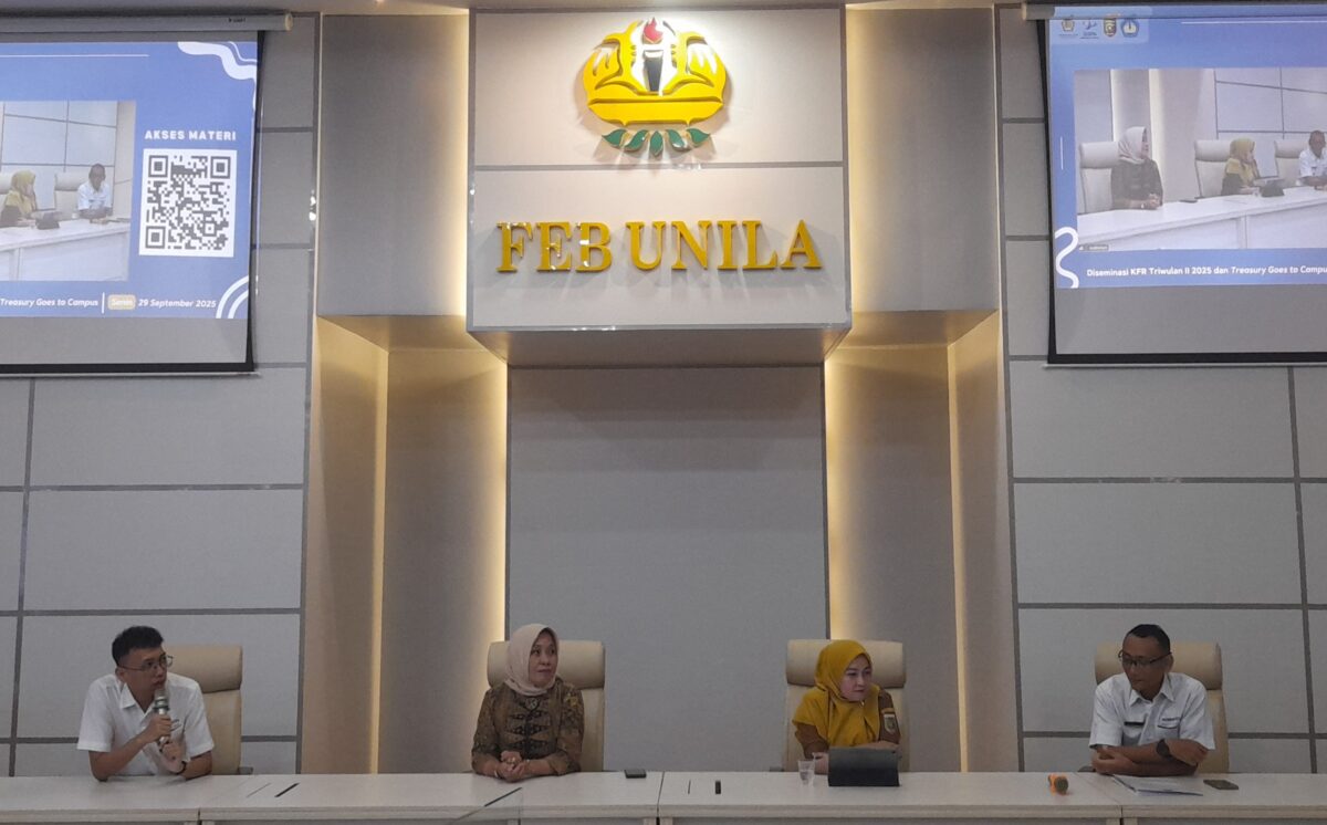 Diseminasi Kajian Fiskal Regional (KFR) Provinsi Lampung Triwulan II Tahun 2025 dan Treasury Goes to Campus di Fakultas Ekonomi dan Bisnis, Universitas Lampung, Senin, 29 September 2025. (Foto: Lampost.co / Triyadi Isworo)