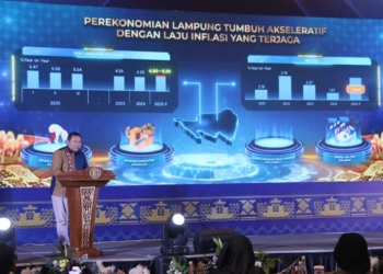 Pertemuan Tahunan Bank Indonesia (PTBI) 2025 dengan tema “Tangguh Mandiri: Sinergi Mendorong Pertumbuhan Ekonomi Lebih Tinggi dan Berdaya Tahan”. Acara berlangsung di Ballroom Hotel Novotel Lampung pada Jumat, 28 November 2025, dan terhubung secara daring dengan agenda serupa di Kantor Pusat BI, Jakarta. Rifki/Lampost.co