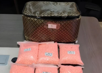 Salah satu tas berisi ekstasi yang diamankan dari MR, tersangka kasus narkoba yang dibuang di ruas Jalan Tol Trans Sumatera KM 136B Lampung. (ANTARA/HO-Dittipidnarkoba Bareskrim Polri)