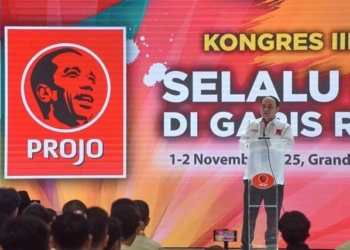 Ketua Umum Projo Budi Arie Setiadi menyampaikan pidato politiknya pada pembukaan Kongres III Projo di Jakarta, Sabtu (1/11/2025(ANTARA FOTO/Indrianto Eko Suwarso/nz)