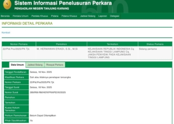 Gugatan pra peradilan tersangka M. Hermawan Eriadi, selaku Dirut PT Lampung Energi Berjaya terdaftar pada 18 Oktober 2025 dengan Nomor Perkara: 22/Pid.Pra/2025/PN Tjk di website sistem informasi penelusuran perkara PN Tanjung Karang. Dok Tangkapan Layar Web PN Tanjung Karang