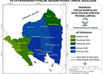 Badan Meteorologi, Klimatologi, dan Geofisika (BMKG) Lampung memprediksi musim hujan berlangsung hingga April 2026.
