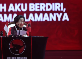 Ketua Umum PDI Perjuangan (PDIP) Megawati Soekarnoputri berpidato saat rangka HUT ke-53 dan Rakernas I Tahun 2026 di Beach City International Stadium (BCIS), Ancol, Jakarta Utara, Sabtu (10/1/2026). (ANTARA/HO-Humas PDIP)