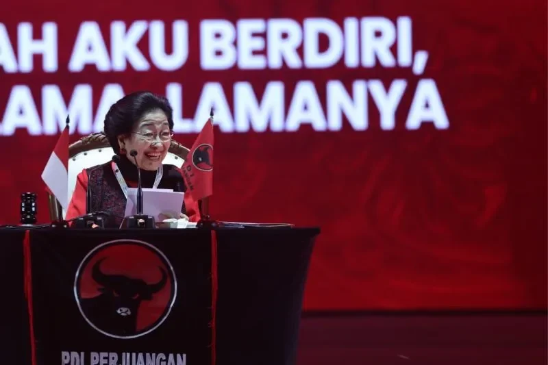Ketua Umum PDI Perjuangan (PDIP) Megawati Soekarnoputri berpidato saat rangka HUT ke-53 dan Rakernas I Tahun 2026 di Beach City International Stadium (BCIS), Ancol, Jakarta Utara, Sabtu (10/1/2026). (ANTARA/HO-Humas PDIP)
