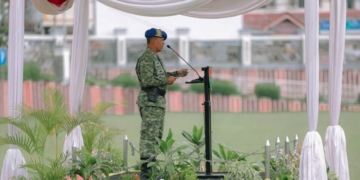 Kepala Staf Kodam XXI/Radin Inten, Brigadir Jenderal TNI Andrian Susanto saat memberi arahan ketika Upacara Operasi Penegakan Ketertiban (Gaktib) dan Yustisi Polisi Militer Tahun 2026. Kegiatan berlangsung di Lapangan Korpri, Komplek Kantor Gubernur Lampung, Jumat, 13 Februari 2026. Dok ADPIM Lampung