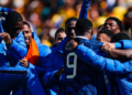 Para pemain Timnas Prancis merayakan gol