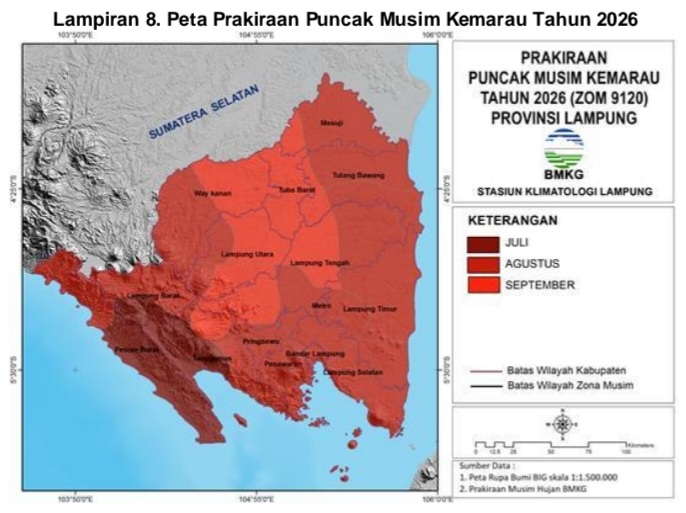 BMKG menyampaikan peta kondisi prakiraan puncak musim kemarau tahun 2026 di Provinsi Lampung. Dok BMKG Lampung