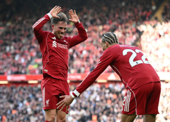 Selebrasi gol gelandang Liverpool, Alexis Mac Allister