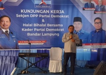 Sekretaris Jenderal (Sekjen) Dewan Pimpinan Pusat (DPP) DPP Partai Demokrat, Herman Khaeron saat Halal Bihalal bersama kader Partai Demokrat di Sekretariat DPC Partai Demokrat Kota Bandar Lampung, Sabtu, 11 April 2026. Lampost.co/Triyadi Isworo