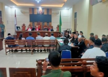 Sidang Perkara Korupsi SPAM Pesawaran dengan agenda pembuktian jaksa menghadirkan enam saksi dari klaster perencanaan SPAM di Ruang Bagir Manan/Garuda Pengadilan Negeri Tanjungkarang, Selasa, 14 April 2026. (Foto: Lampost.co/Wandi Barboy Silaban)